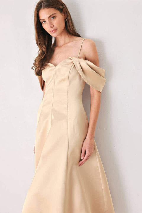 CHAMPAGNE ROMANCE CHAMPAGNE PINK OFF-SHOULDER MIDI DRESS