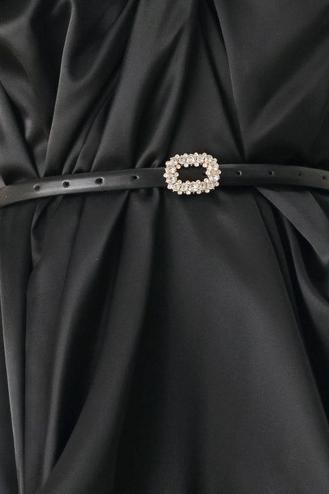 NOIR DRAPE BLACK RUCHED TULIP-SKIRT MIDI DRESS
