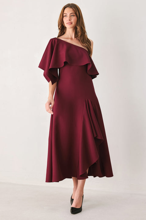 WINE CASCADE BURGUNDY ONE-SHOULDER RUFFLE MIDI DRESS