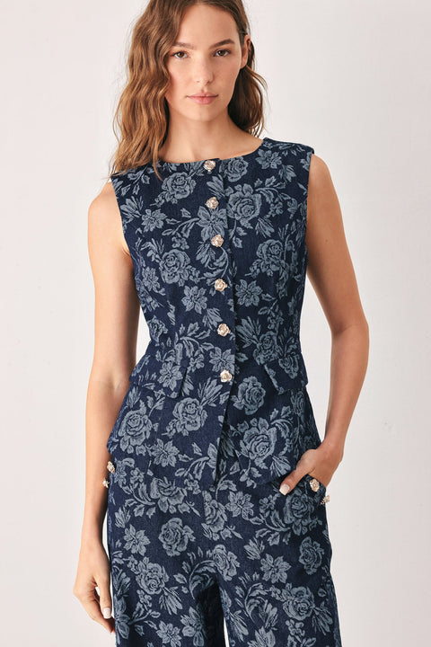 MIDNIGHT ROSE JACQUARD DENIM VEST