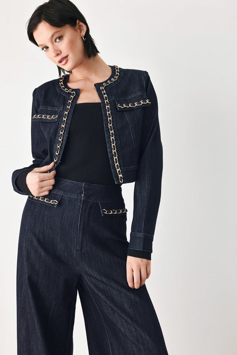AFTER HOURS INDIGO CHAIN-TRIM DENIM JACKET