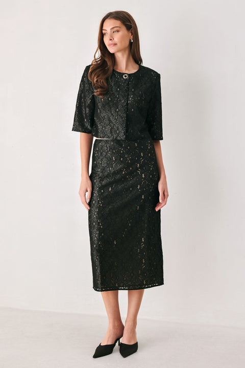 NOIR LACE AFFAIR BLACK/NUDE JEWEL-BUTTON CROPPED JACKET