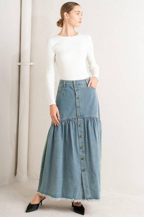 INTRICATE CHARM DENIM MIDI SKIRT