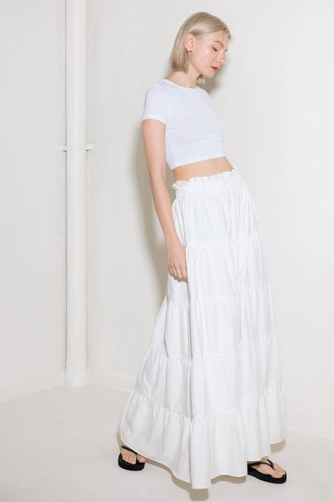 SLOW DOWN IN WHITE WOVEN MAXI SKIRT