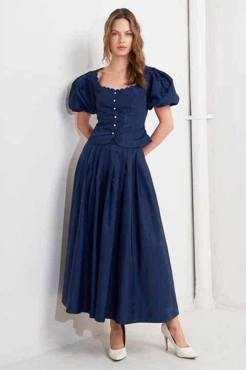 LUXE FLARE WOVEN PLEATED MIDI SKIRT