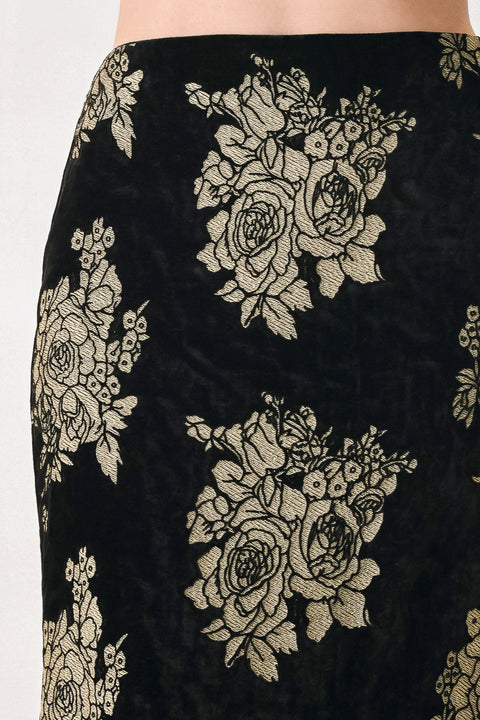 GILDED VELVET BLACK/GOLD JACQUARD MIDI SKIRT