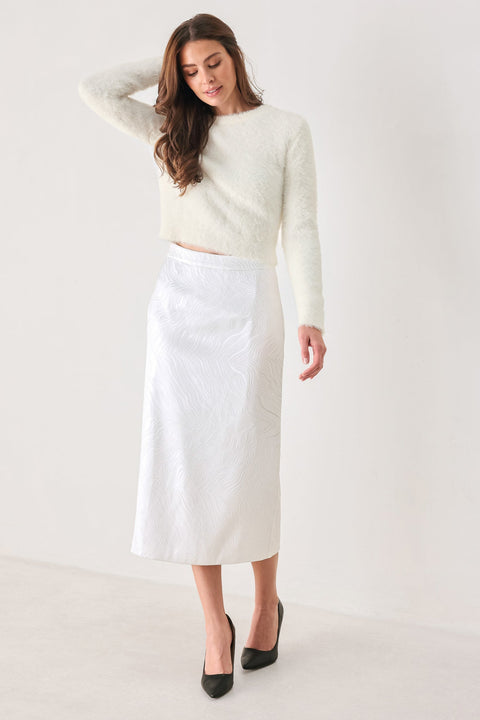 IVORY TEXTURE WHITE WOVEN PENCIL SKIRT