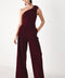 BERRY AFTER DARK VELVET BOW ONE-SHOULDER JUMPSUIT