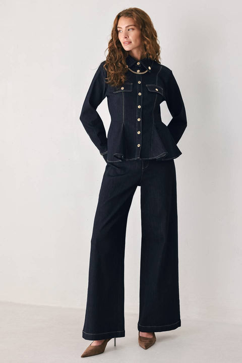 INDIGO ICON DARK INDIGO BUTTON-DETAIL WIDE-LEG JEANS