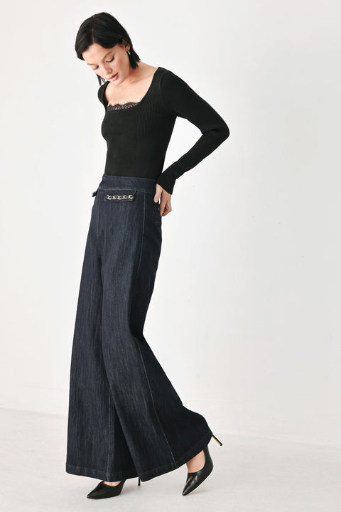 AFTER HOURS INDIGO CHAIN-TRIM WIDE-LEG JEANS