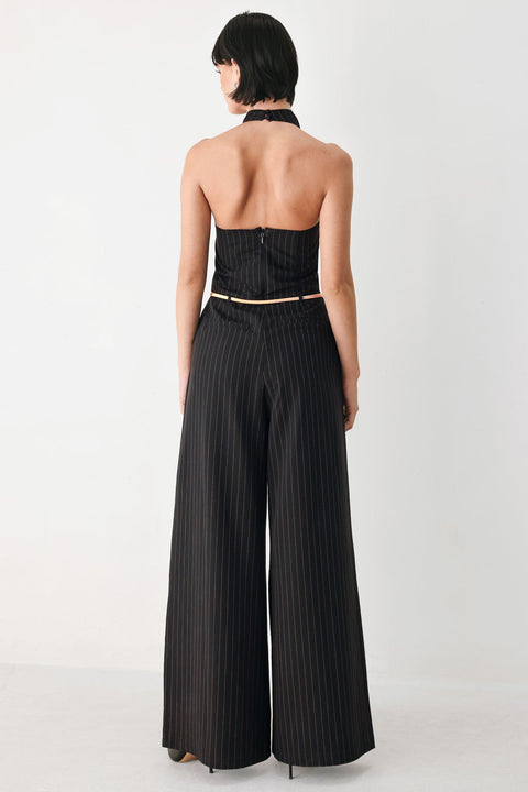 MIDNIGHT POISE BLACK HALTER BELTED WIDE-LEG JUMPSUIT