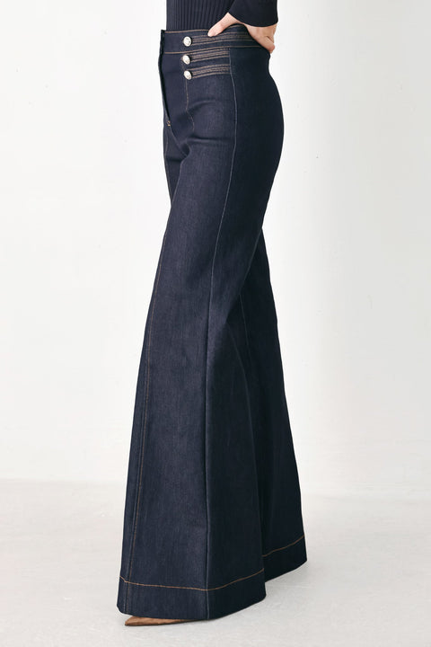 INDIGO IMPRESSION BUTTON DETAIL FLARE JEANS