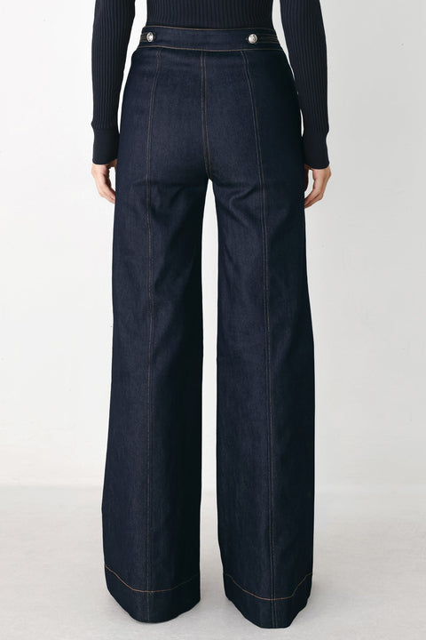 INDIGO IMPRESSION BUTTON DETAIL FLARE JEANS