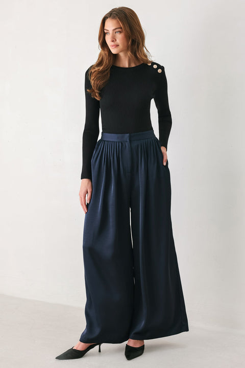 NAVY KNOT NAVY PLEATED WIDE-LEG PANTS