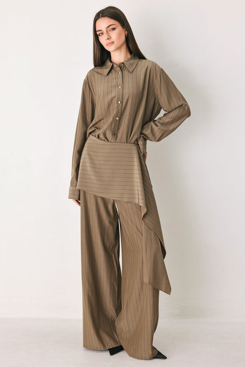 STRIPED DRAMA BROWN & BLACK SCARF-OVERLAY PANTS