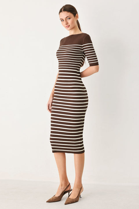 TRENDY CHOCOLATE STRIPE SWEATER MIDI DRESS