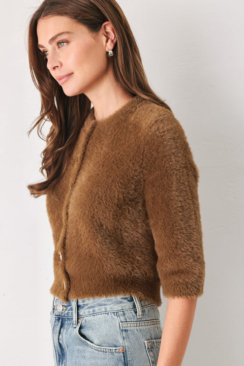 CAMEL CLASSIC CAMEL/OFF WHITE ELBOW-SLEEVE CARDIGAN