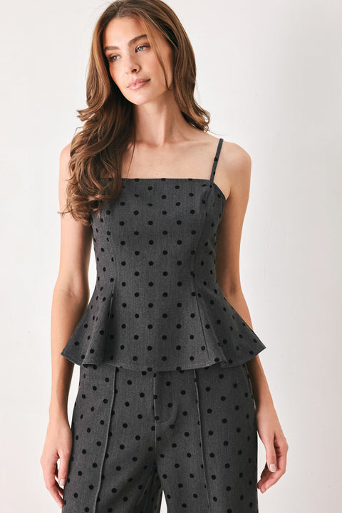 CHARCOAL DOT CHARCOAL PEPLUM TOP