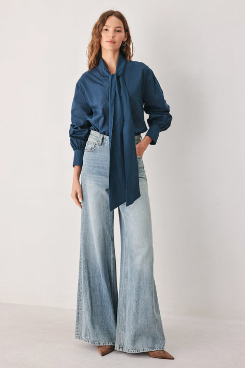 OCEAN INK KITTEN-BOW WOVEN TOP