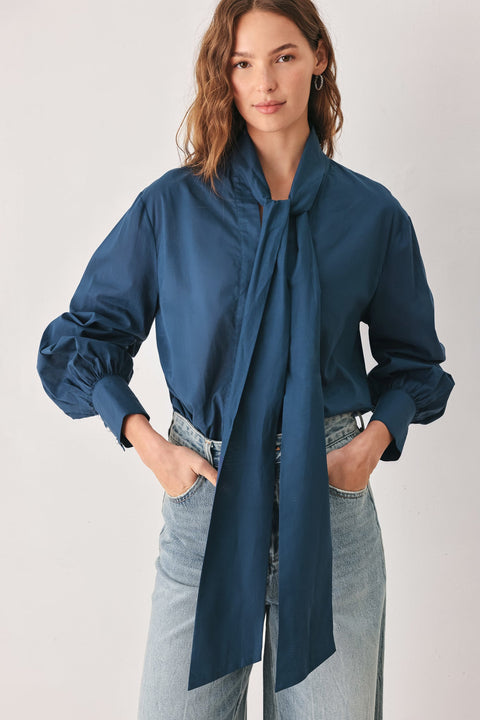 OCEAN INK KITTEN-BOW WOVEN TOP