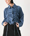 CASUAL ENCOUNTER INDIGO RUCHED DENIM BUTTON-DOWN TOP