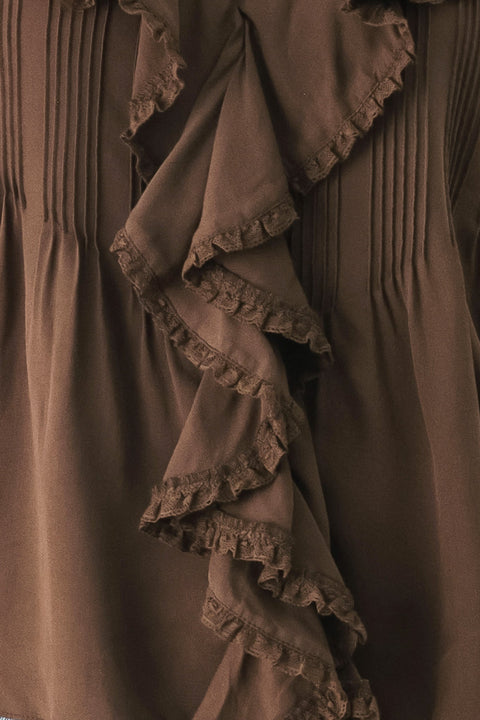 EARTHBOUND ROMANCE BROWN RUFFLE PINTUCK BLOUSE