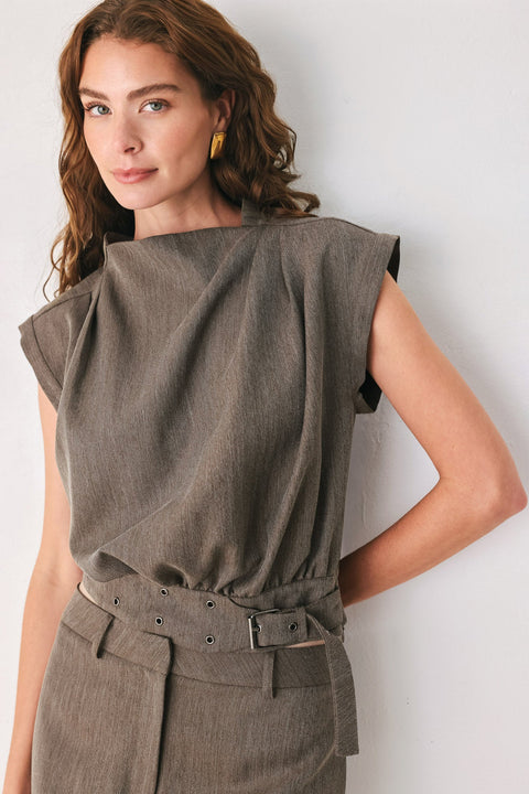 TAILORED TEMPO BROWN FUNNEL-NECK BELTED TOP