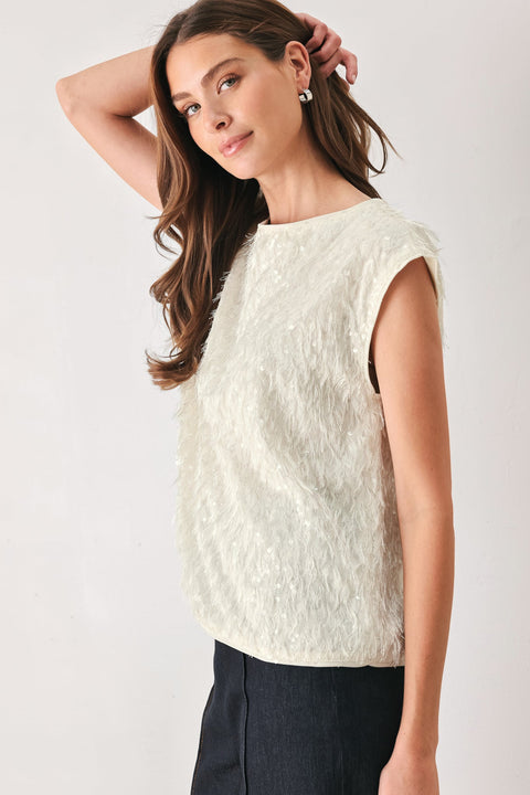 IVORY FRINGE OFF WHITE SEQUIN SLEEVELESS TOP