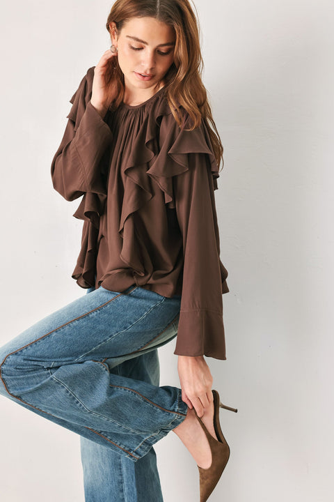 COCOA CASCADE BROWN TIERED-RUFFLE BLOUSE