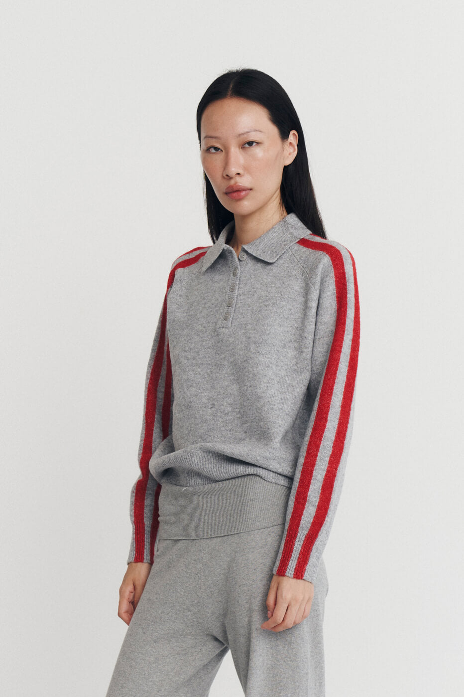 RAGLAN STRIPE KNIT POLO IN CHARCOAL AND SCARLET