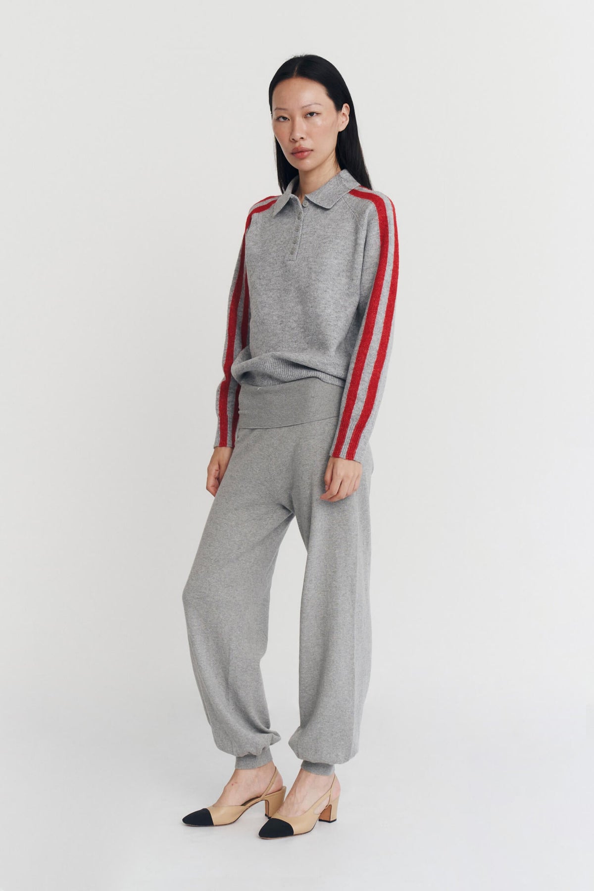 RAGLAN STRIPE KNIT POLO IN CHARCOAL AND SCARLET