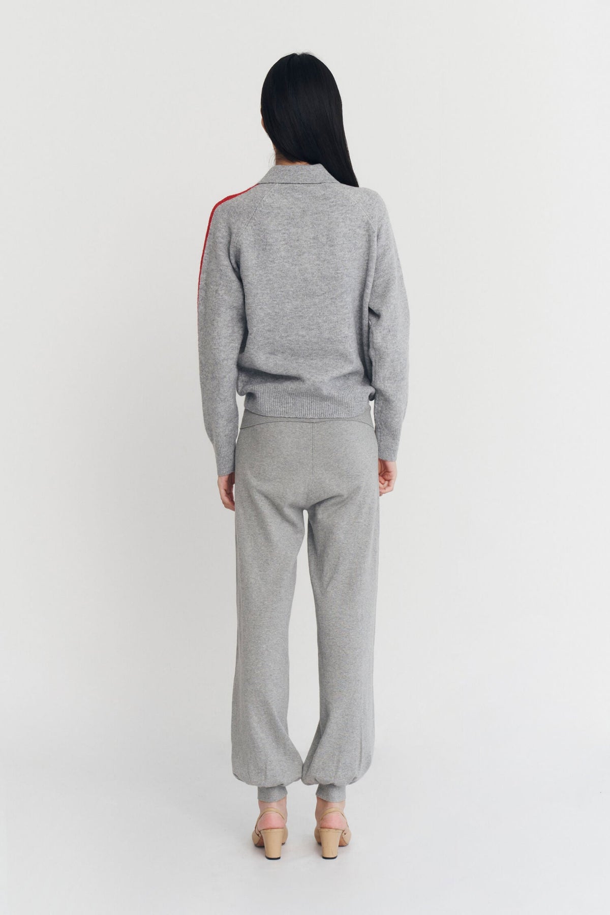 RAGLAN STRIPE KNIT POLO IN CHARCOAL AND SCARLET