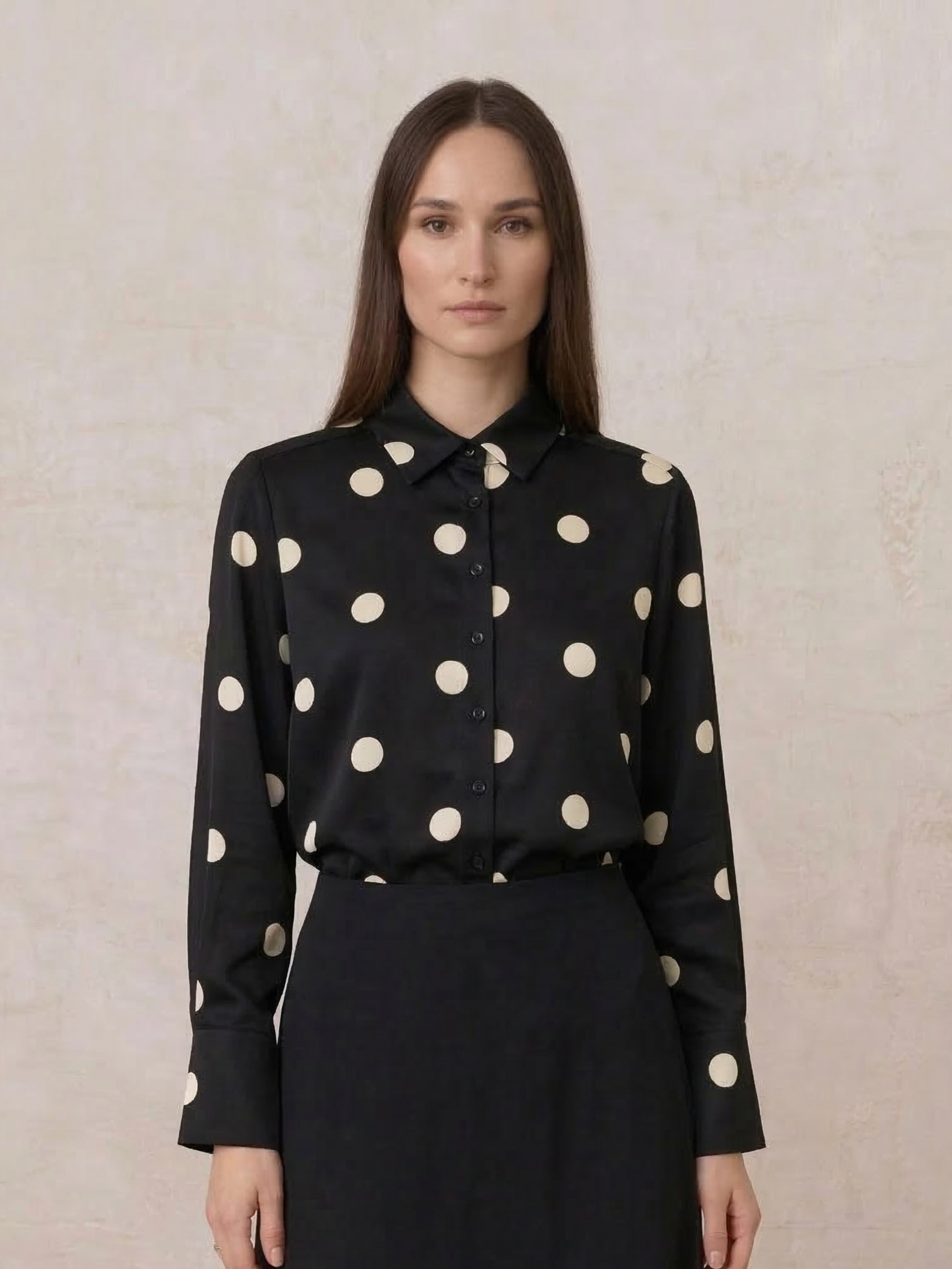 Oversized Satin Blouse-Black/Cream Polka Dot