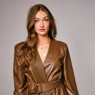 Pleated Neck Belted Wrap Mini Dress in Faux Leather