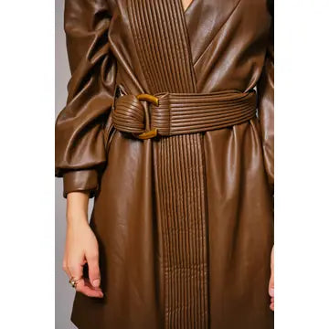 Pleated Neck Belted Wrap Mini Dress in Faux Leather