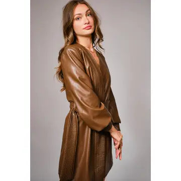 Pleated Neck Belted Wrap Mini Dress in Faux Leather