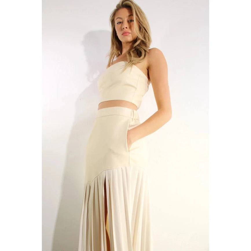 Faux Leather Top And Pleated Slit Skirt Set CREAM/CREAM