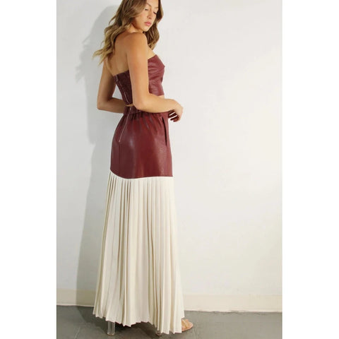 Faux Leather Top And Pleated Slit Skirt Set WINE