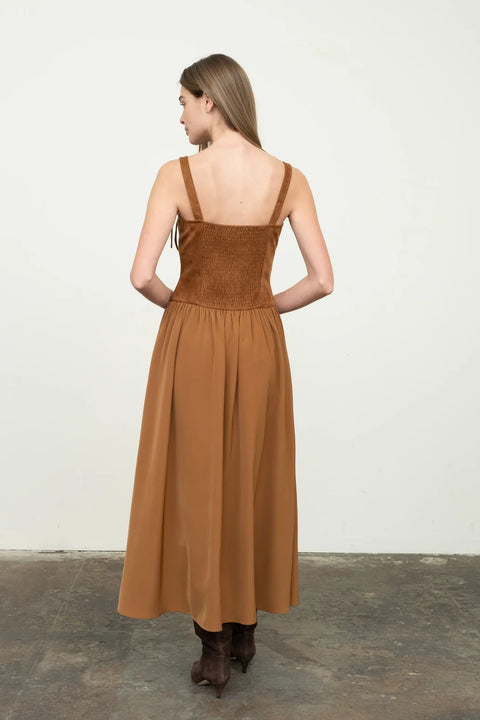 Mix Media Faux Suede Corset Midi Dress