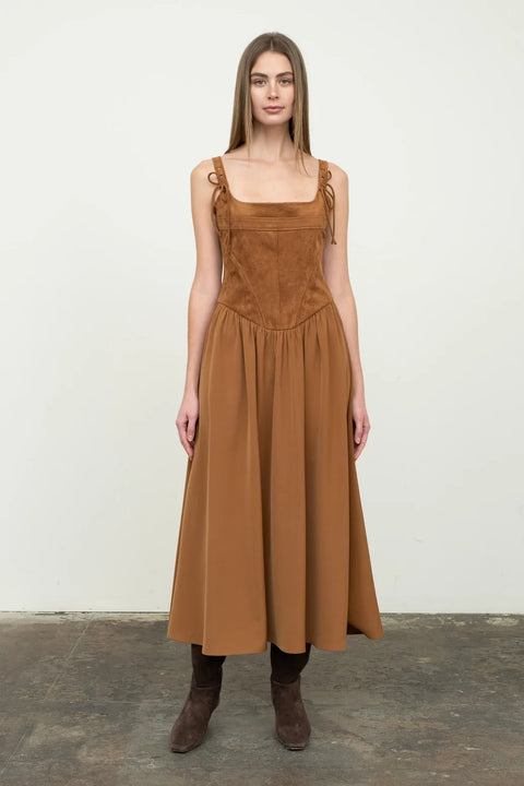 Mix Media Faux Suede Corset Midi Dress
