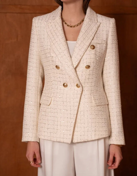 Fitted Double-Breasted Tweed Blazer with Subtle Threads