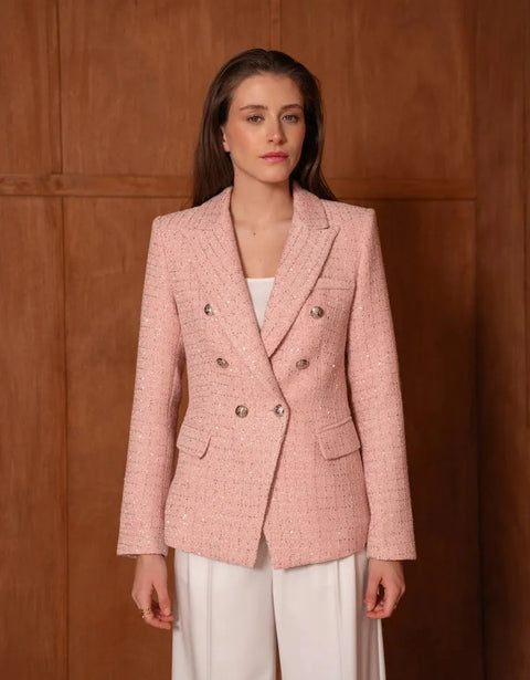 Fitted Double-Breasted Tweed Blazer with Subtle Threads
