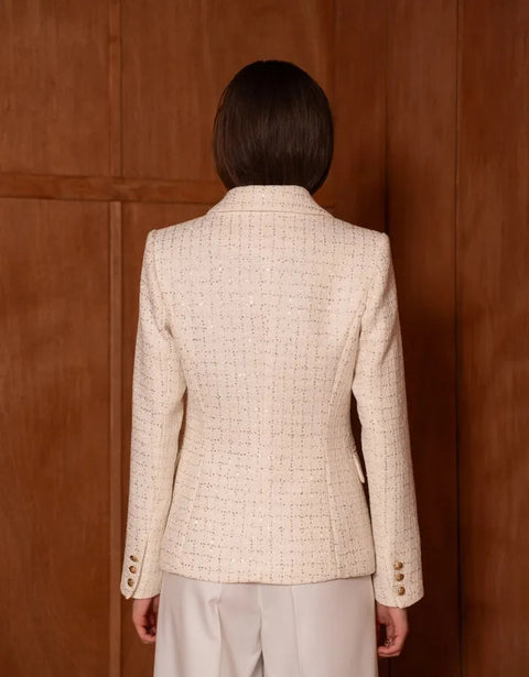 Fitted Double-Breasted Tweed Blazer with Subtle Threads
