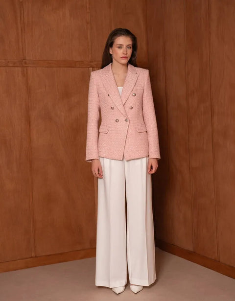 Fitted Double-Breasted Tweed Blazer with Subtle Threads