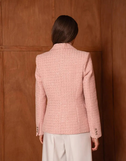 Fitted Double-Breasted Tweed Blazer with Subtle Threads
