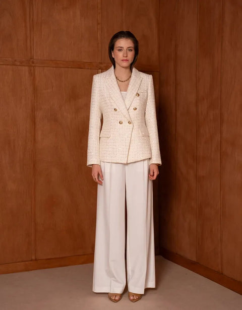 Fitted Double-Breasted Tweed Blazer with Subtle Threads
