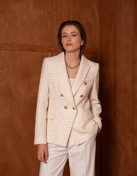 Fitted Double-Breasted Tweed Blazer with Subtle Threads