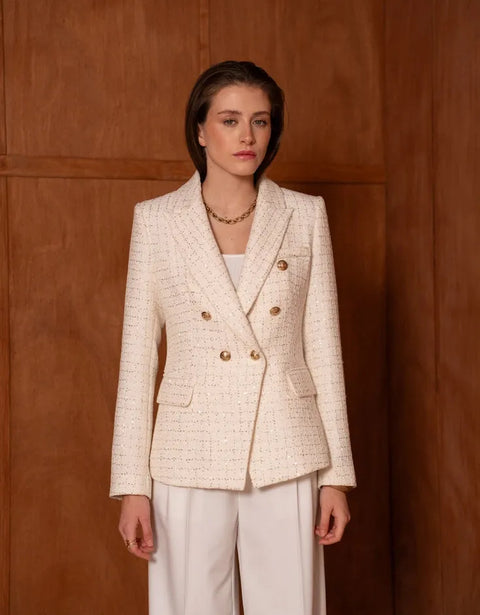 Fitted Double-Breasted Tweed Blazer with Subtle Threads