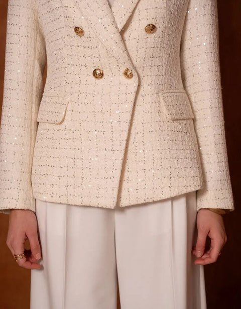 Fitted Double-Breasted Tweed Blazer with Subtle Threads