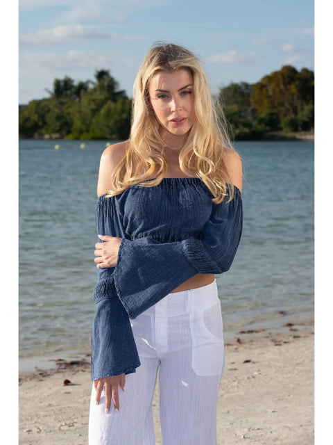 Flare Midnight Blue Off-Shoulder Top